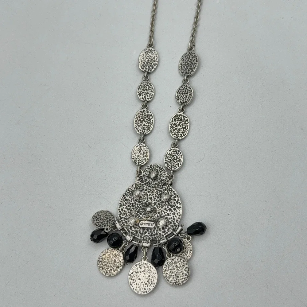 Chico's Statement Necklace Black Silver Tone Animal Print Pendant Dark Romance